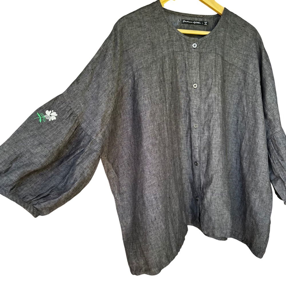 Gudrun Sjoden Linen Top Womens Large Gray Lagenook Scandi Minimalist Artsy Boho